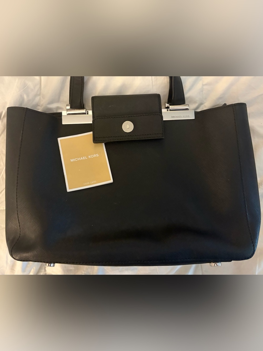 Michael Kors Black Leather Tote with Silver Hardware Tilda Saffiano